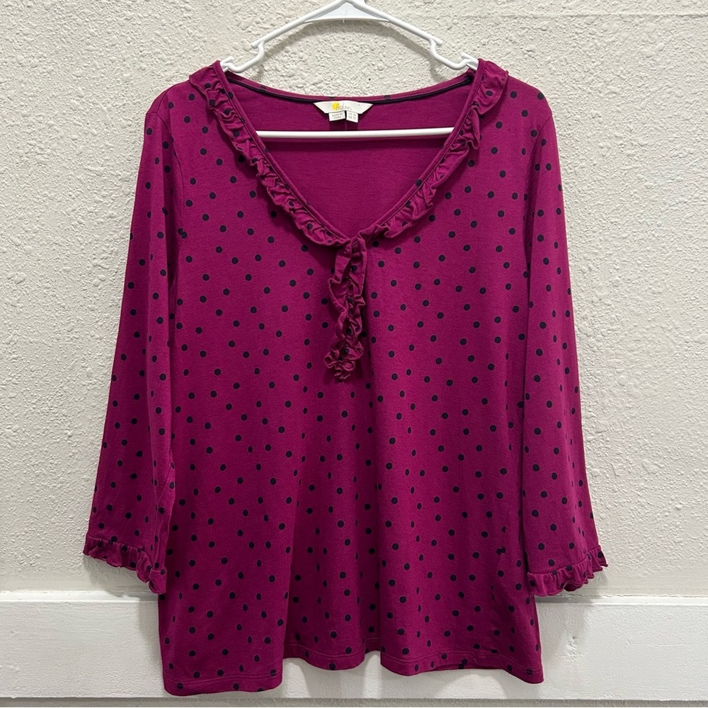 Boden Magenta and Polka Dots 3/4 Sleeve Ruffle V-Neck Top Size 12
